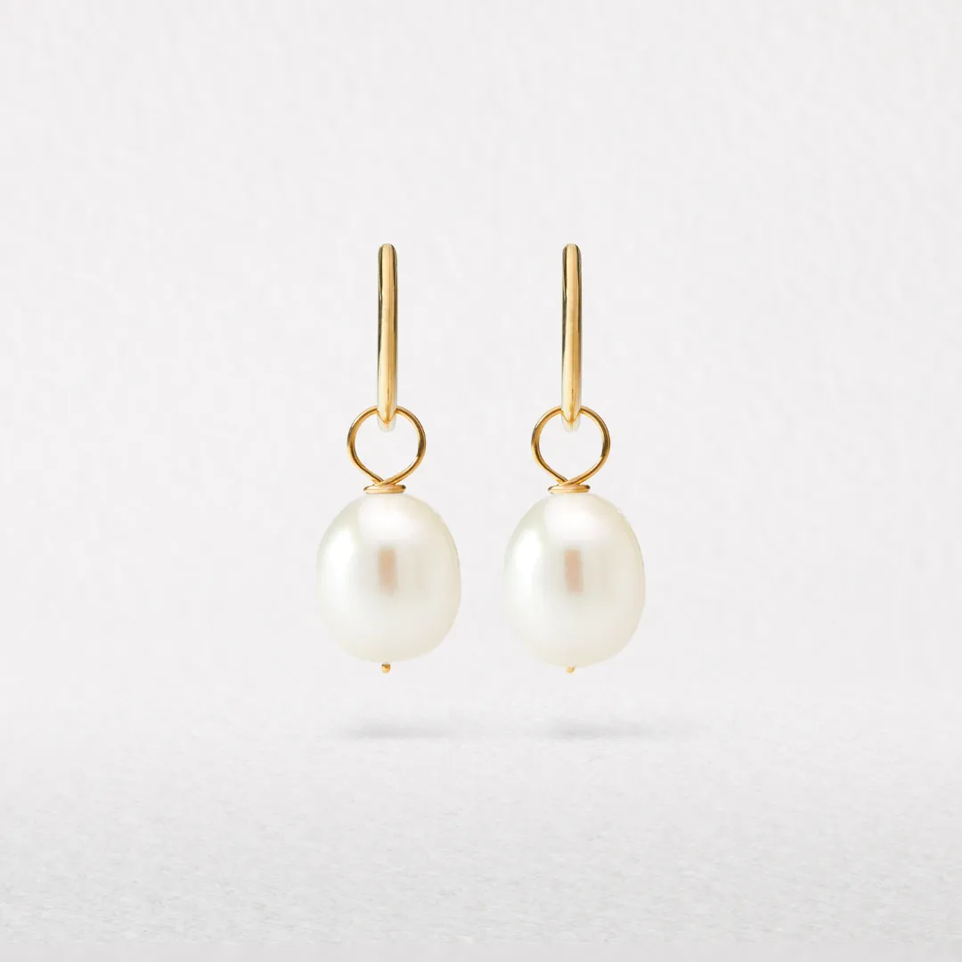 Solid Gold Large Pearl Drop Hoop Earrings