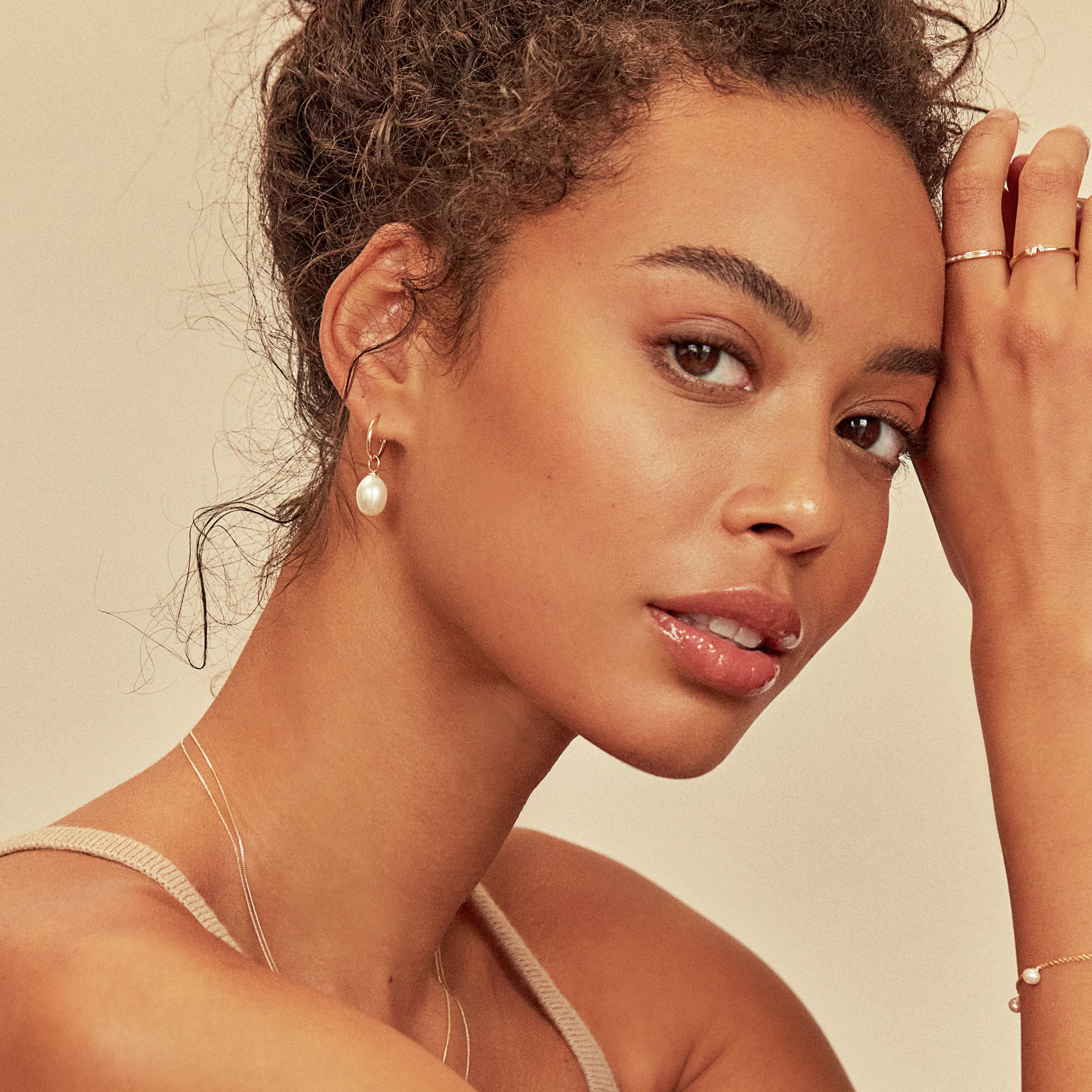 Solid Gold Large Pearl Drop Hoop Earrings