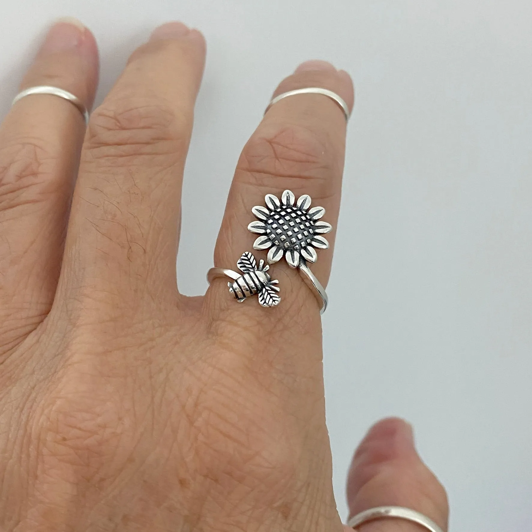 Sterling Silver Dainty Bumblebee And Sunflower Ring, Flower Ring, Silver Rings, Bee Ring