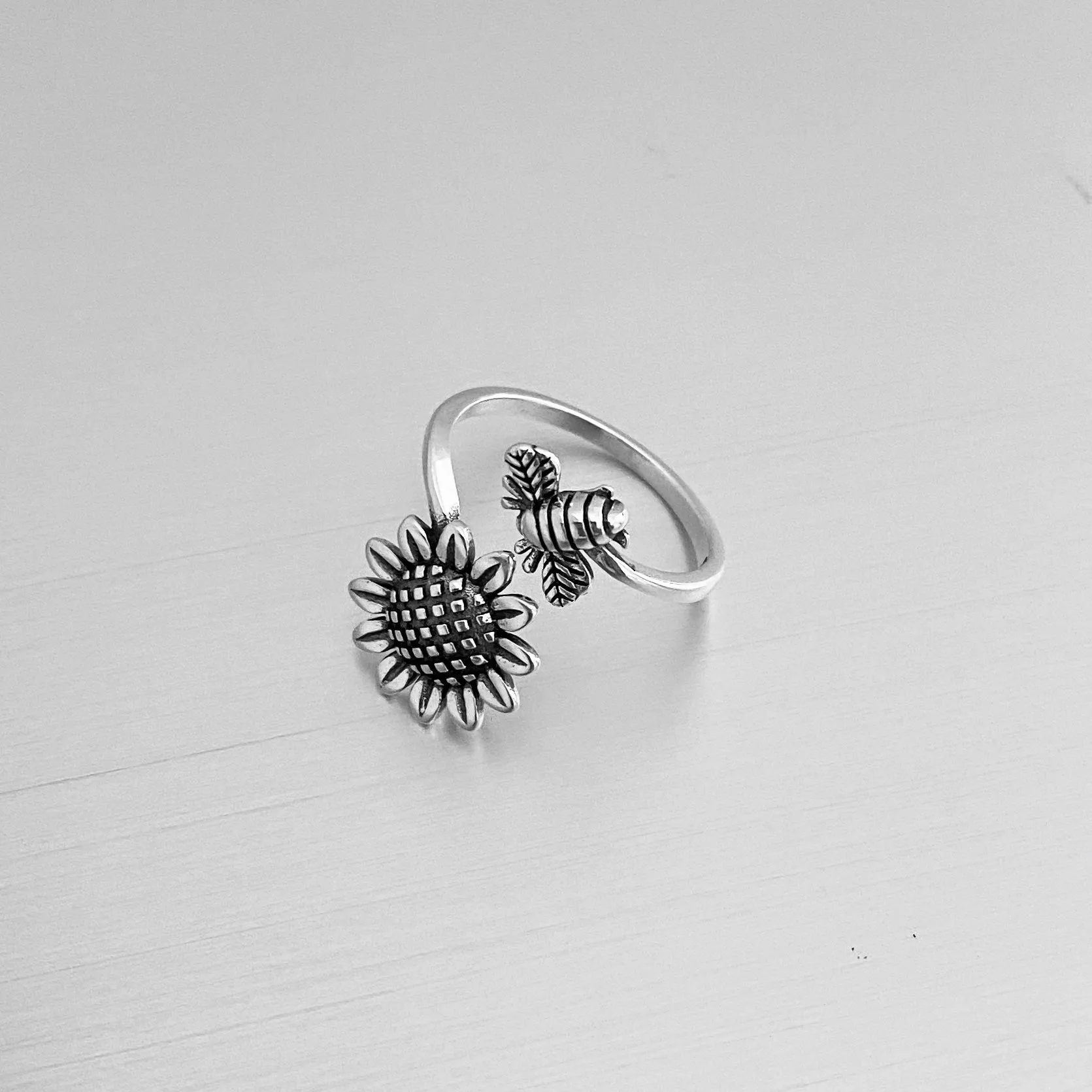 Sterling Silver Dainty Bumblebee And Sunflower Ring, Flower Ring, Silver Rings, Bee Ring