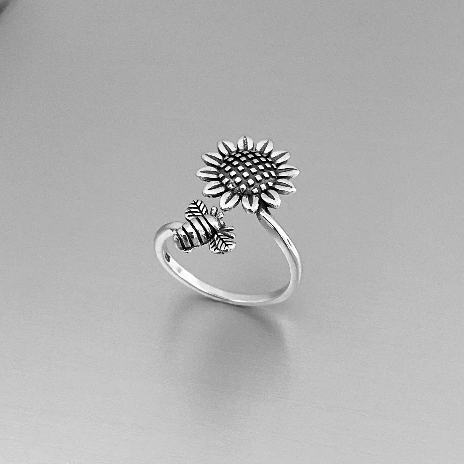 Sterling Silver Dainty Bumblebee And Sunflower Ring, Flower Ring, Silver Rings, Bee Ring