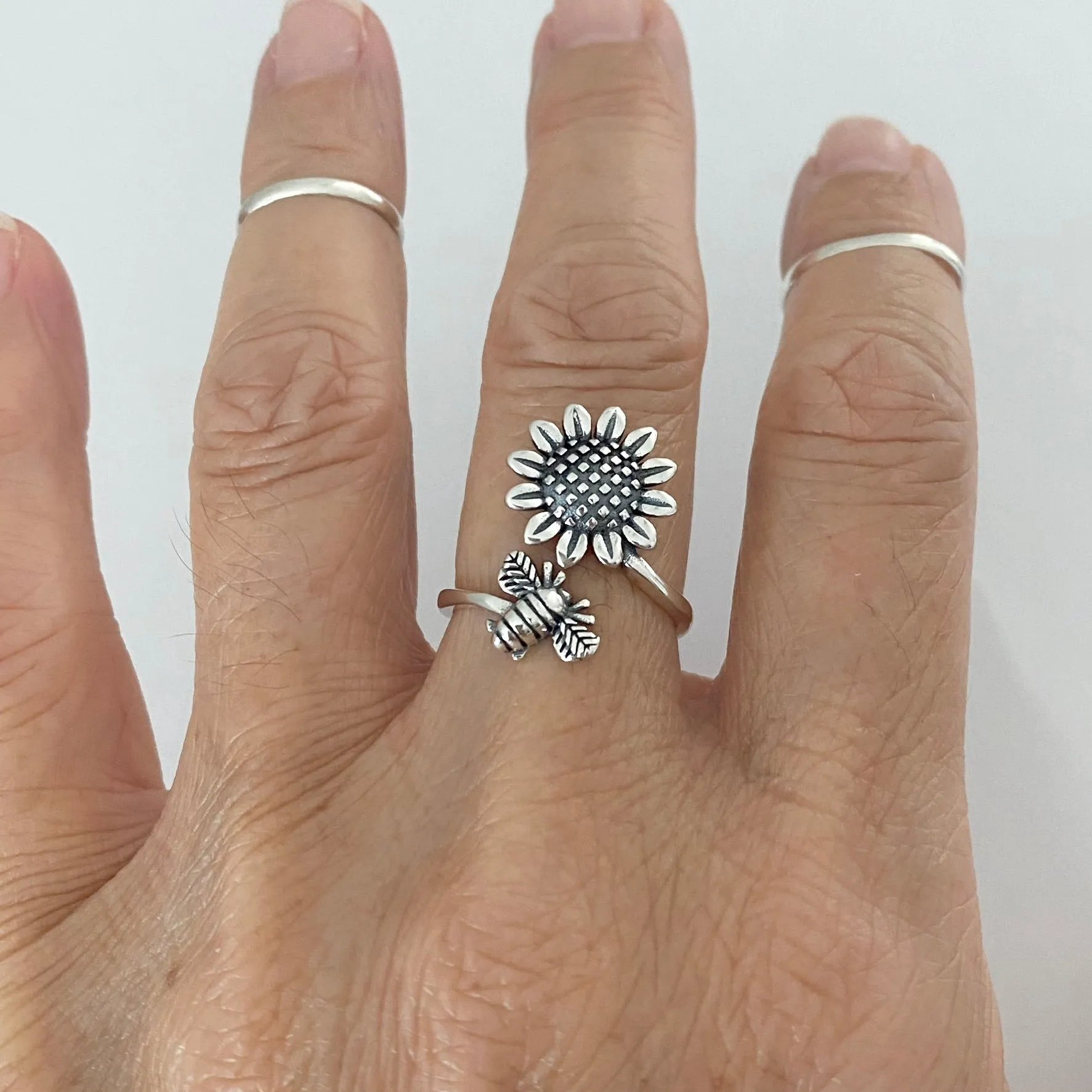 Sterling Silver Dainty Bumblebee And Sunflower Ring, Flower Ring, Silver Rings, Bee Ring