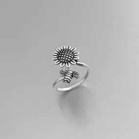Sterling Silver Dainty Bumblebee And Sunflower Ring, Flower Ring, Silver Rings, Bee Ring