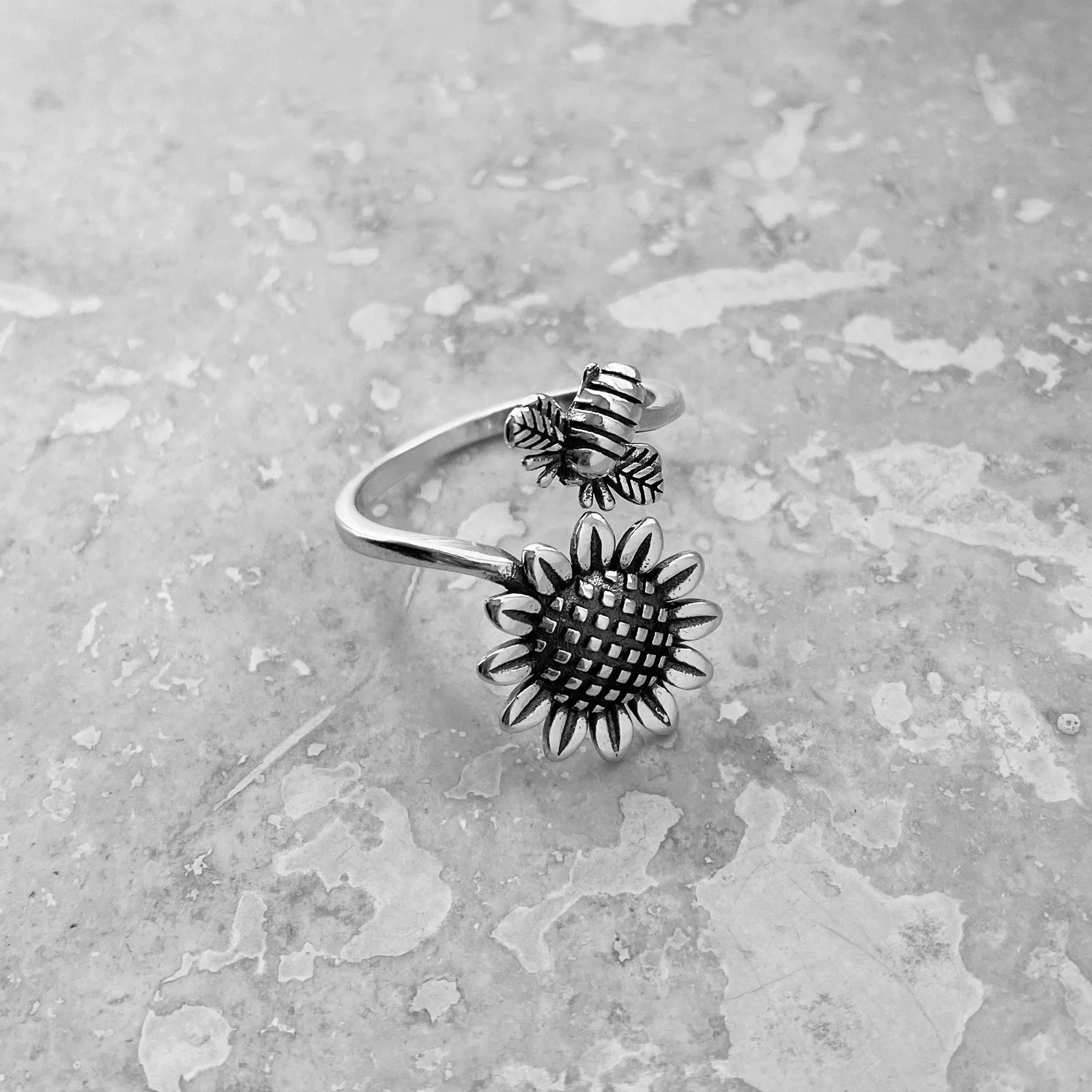 Sterling Silver Dainty Bumblebee And Sunflower Ring, Flower Ring, Silver Rings, Bee Ring