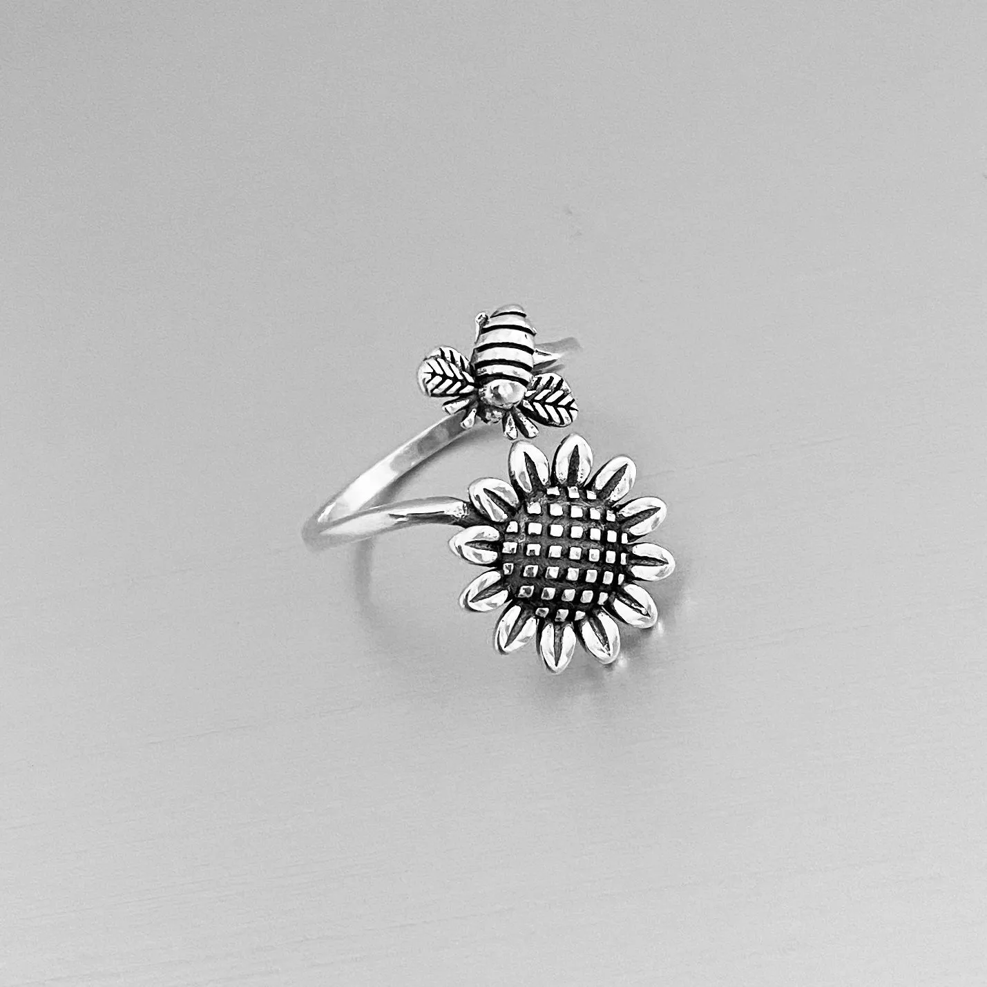 Sterling Silver Dainty Bumblebee And Sunflower Ring, Flower Ring, Silver Rings, Bee Ring