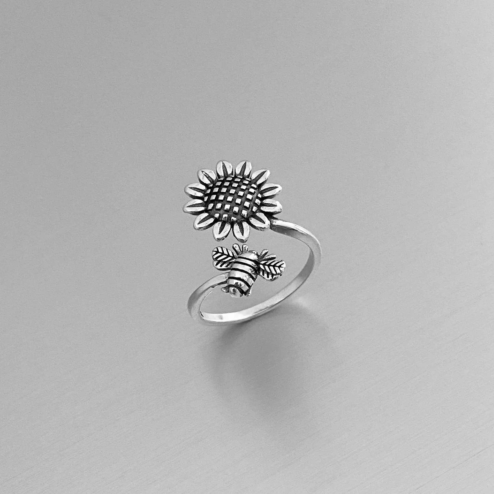 Sterling Silver Dainty Bumblebee And Sunflower Ring, Flower Ring, Silver Rings, Bee Ring
