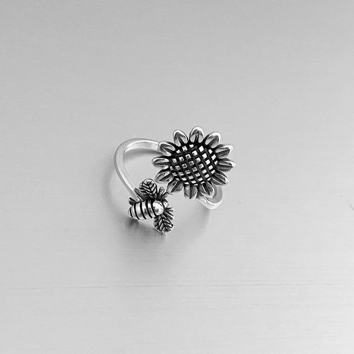 Sterling Silver Dainty Bumblebee And Sunflower Ring, Flower Ring, Silver Rings, Bee Ring
