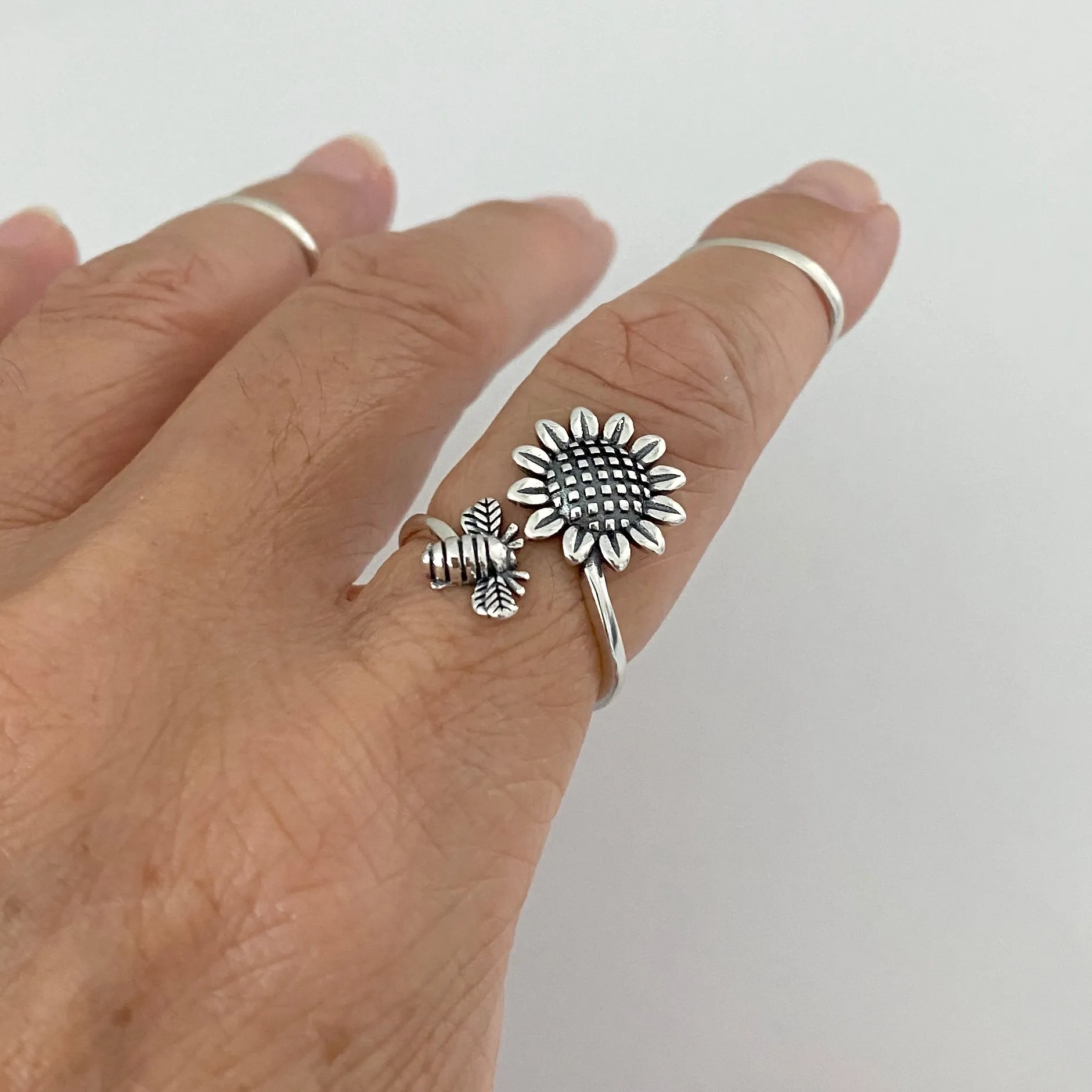 Sterling Silver Dainty Bumblebee And Sunflower Ring, Flower Ring, Silver Rings, Bee Ring