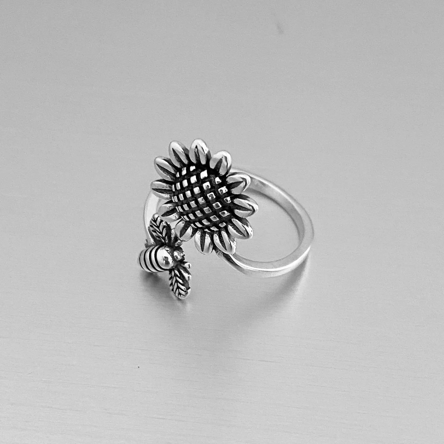 Sterling Silver Dainty Bumblebee And Sunflower Ring, Flower Ring, Silver Rings, Bee Ring