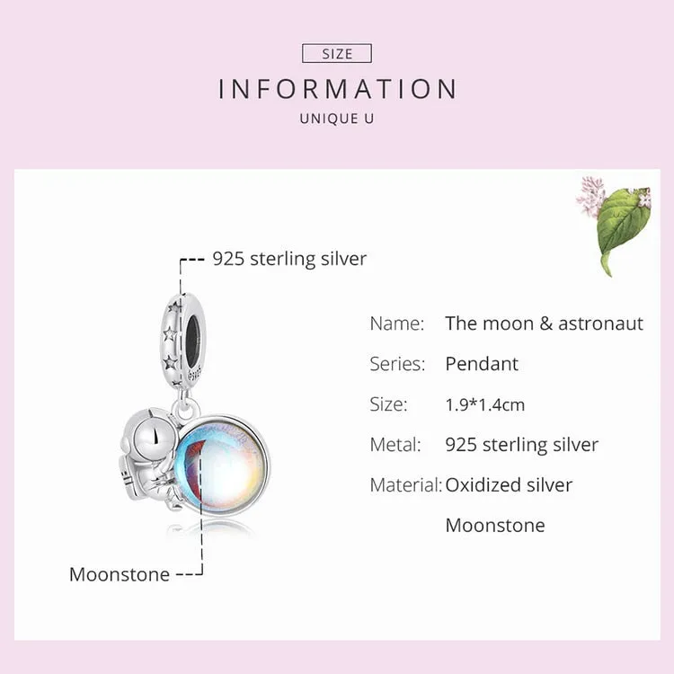 The Moon & Astronaut Rainbow Moonstone Charm Pendant