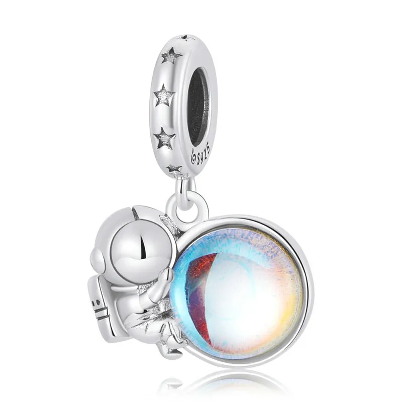 The Moon & Astronaut Rainbow Moonstone Charm Pendant
