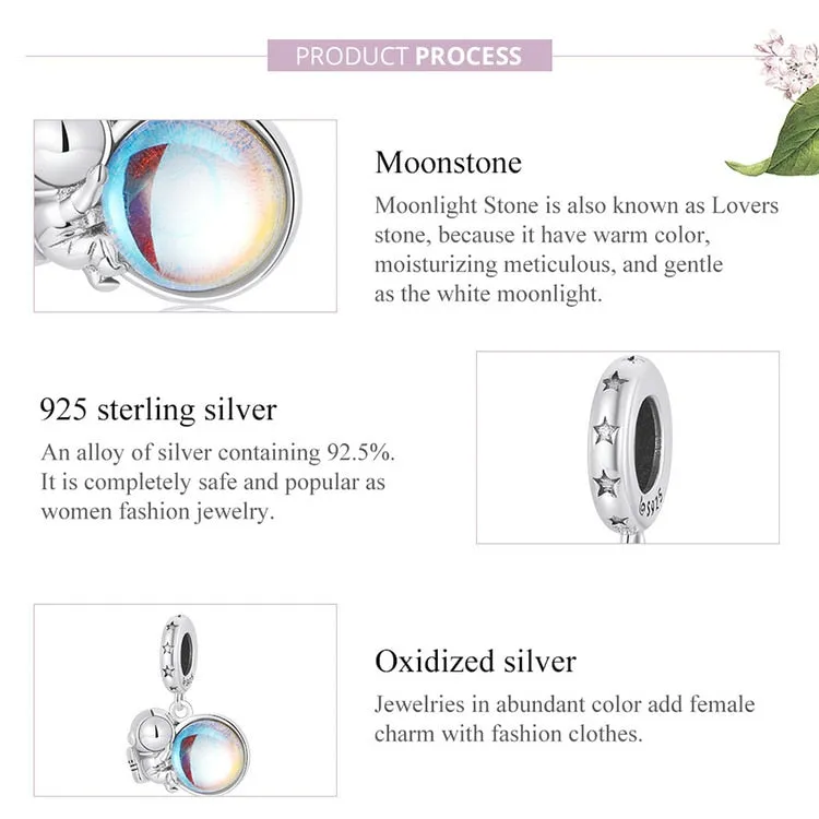 The Moon & Astronaut Rainbow Moonstone Charm Pendant