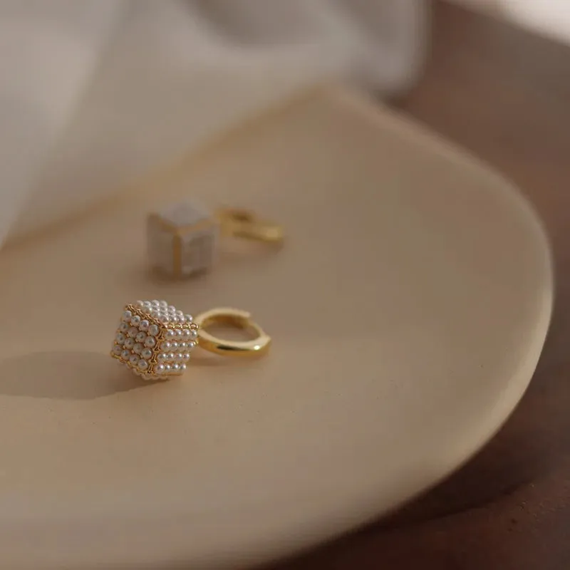 VAIGE Elegant Simulated Pearl Square Drop Huggie Hoop Earrings in Classic White