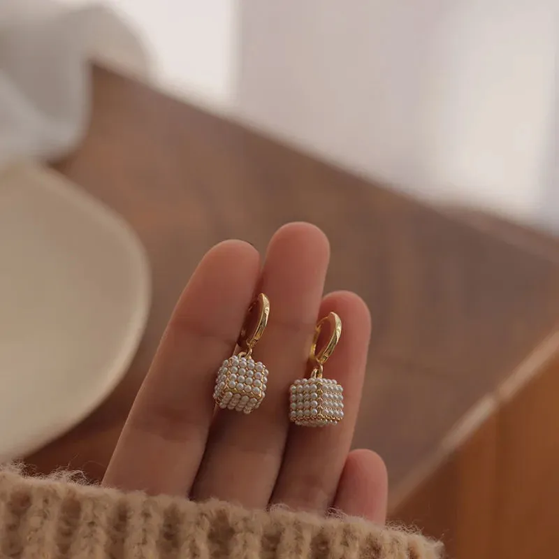 VAIGE Elegant Simulated Pearl Square Drop Huggie Hoop Earrings in Classic White