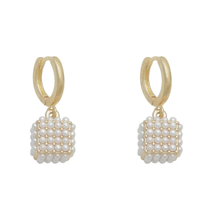 VAIGE Elegant Simulated Pearl Square Drop Huggie Hoop Earrings in Classic White
