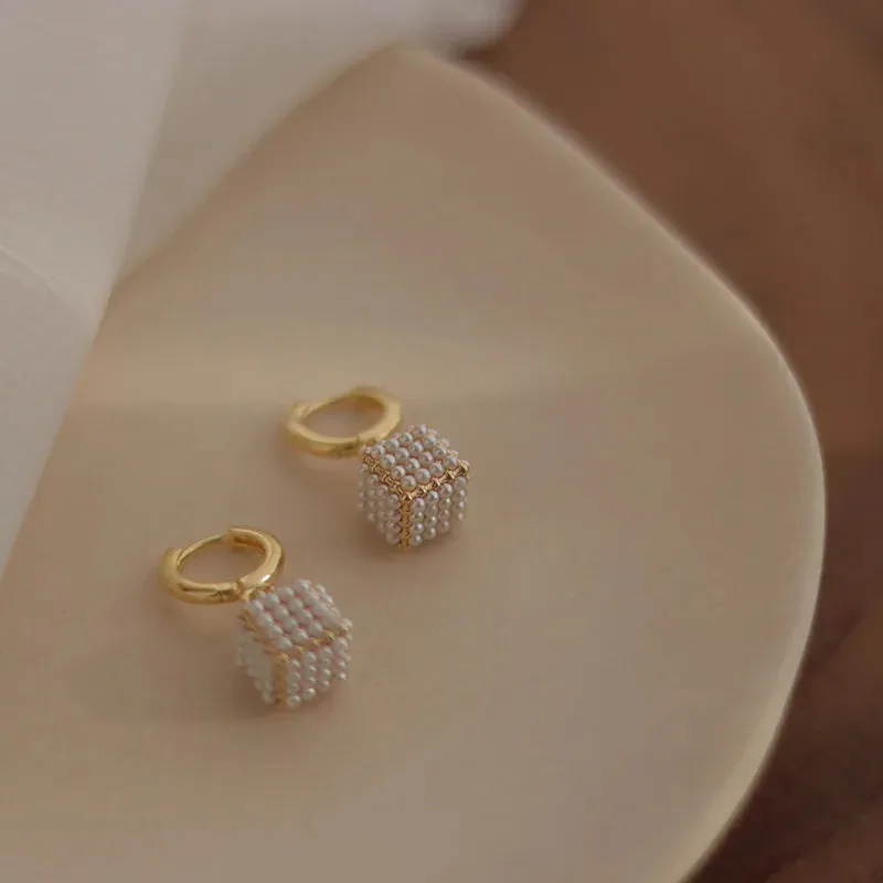 VAIGE Elegant Simulated Pearl Square Drop Huggie Hoop Earrings in Classic White