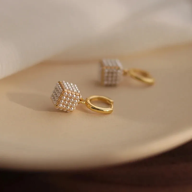 VAIGE Elegant Simulated Pearl Square Drop Huggie Hoop Earrings in Classic White