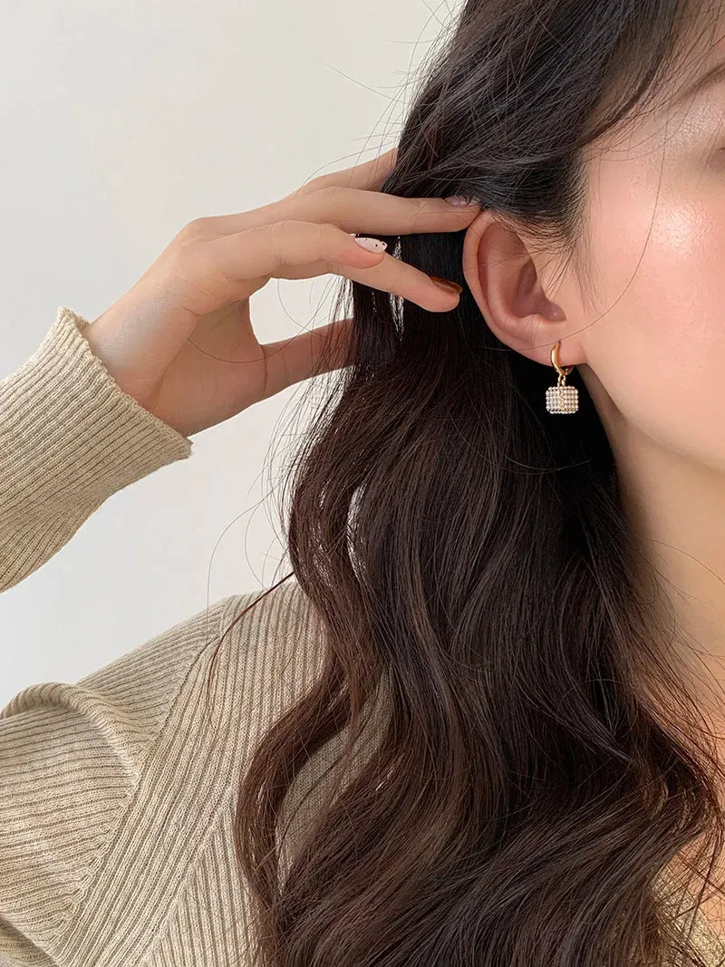VAIGE Elegant Simulated Pearl Square Drop Huggie Hoop Earrings in Classic White
