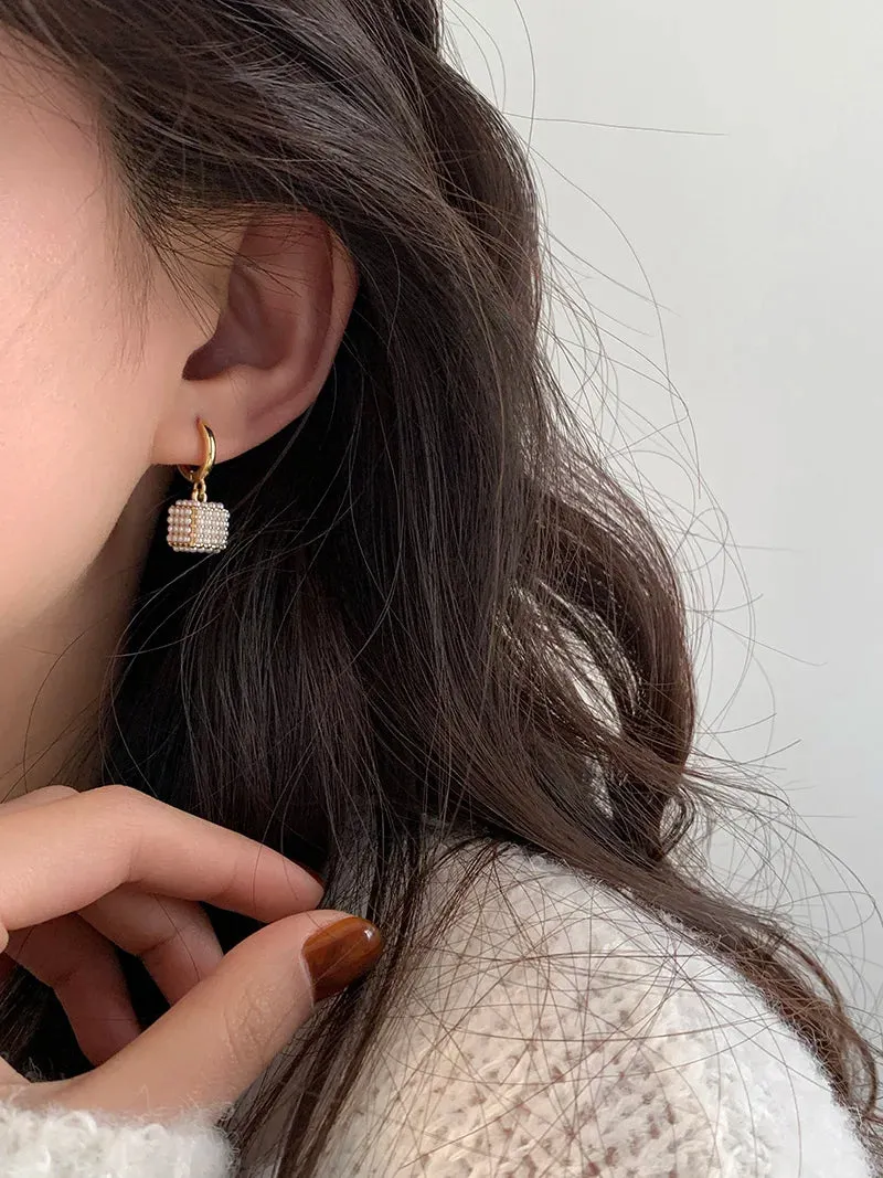 VAIGE Elegant Simulated Pearl Square Drop Huggie Hoop Earrings in Classic White