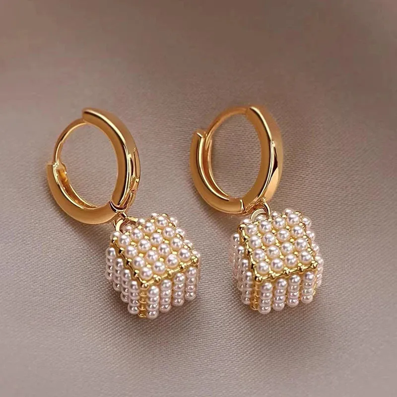 VAIGE Elegant Simulated Pearl Square Drop Huggie Hoop Earrings in Classic White