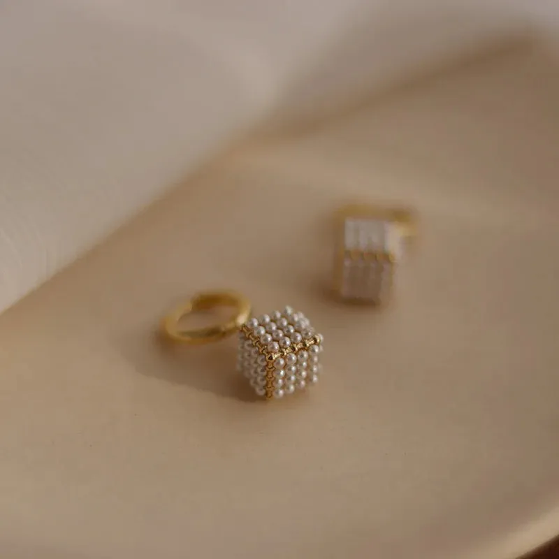 VAIGE Elegant Simulated Pearl Square Drop Huggie Hoop Earrings in Classic White
