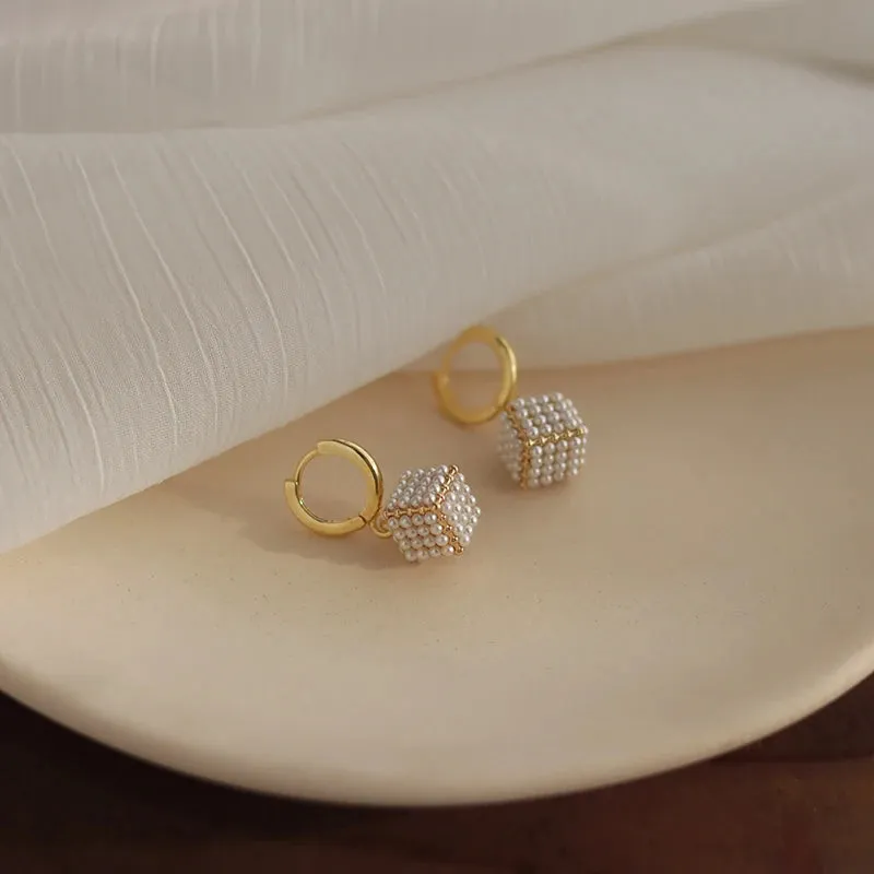 VAIGE Elegant Simulated Pearl Square Drop Huggie Hoop Earrings in Classic White