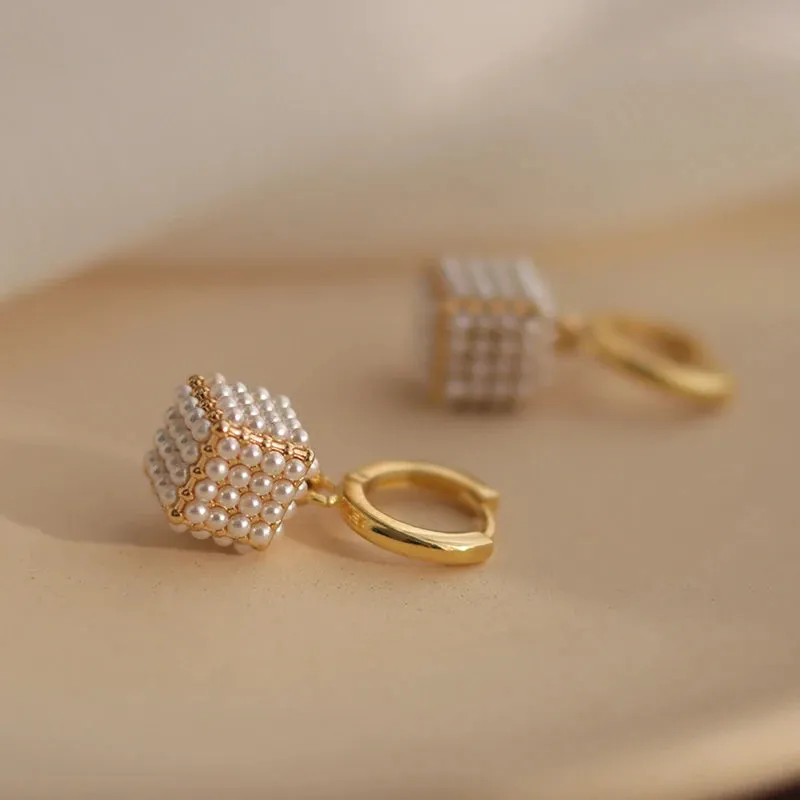 VAIGE Elegant Simulated Pearl Square Drop Huggie Hoop Earrings in Classic White