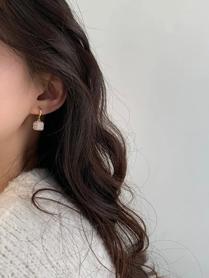 VAIGE Elegant Simulated Pearl Square Drop Huggie Hoop Earrings in Classic White