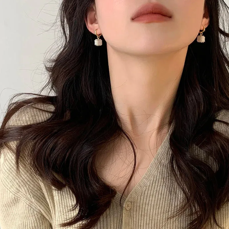 VAIGE Elegant Simulated Pearl Square Drop Huggie Hoop Earrings in Classic White