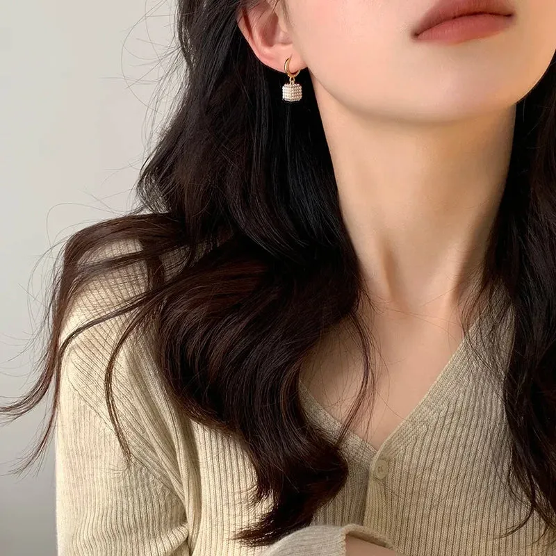 VAIGE Elegant Simulated Pearl Square Drop Huggie Hoop Earrings in Classic White