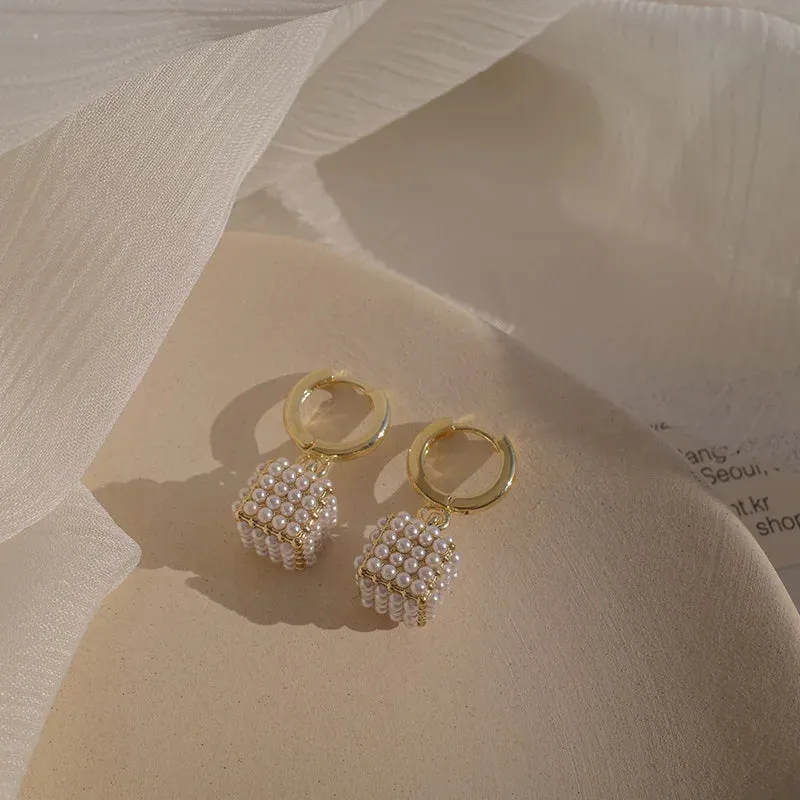 VAIGE Elegant Simulated Pearl Square Drop Huggie Hoop Earrings in Classic White