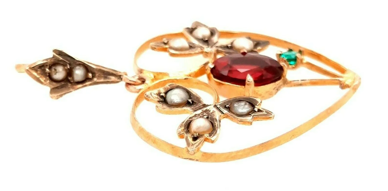 Vintage 9ct Yellow Gold Garnet, Paste & Pearl Heart Pendant Leaf Motif Centre