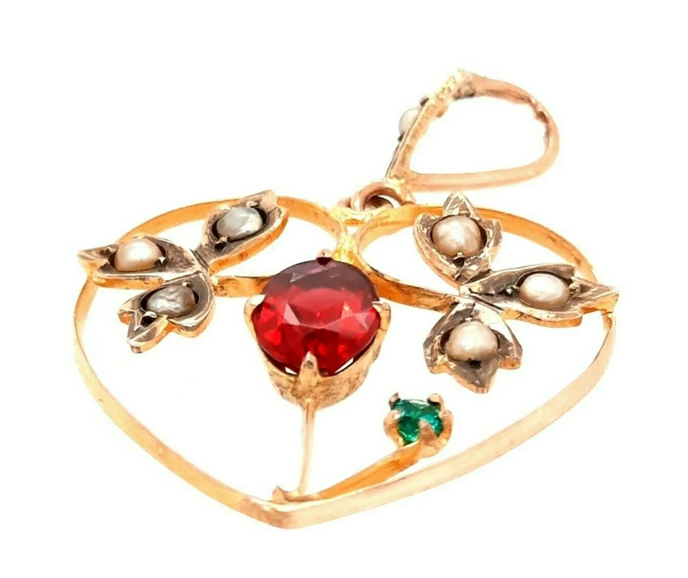 Vintage 9ct Yellow Gold Garnet, Paste & Pearl Heart Pendant Leaf Motif Centre