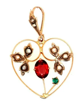 Vintage 9ct Yellow Gold Garnet, Paste & Pearl Heart Pendant Leaf Motif Centre
