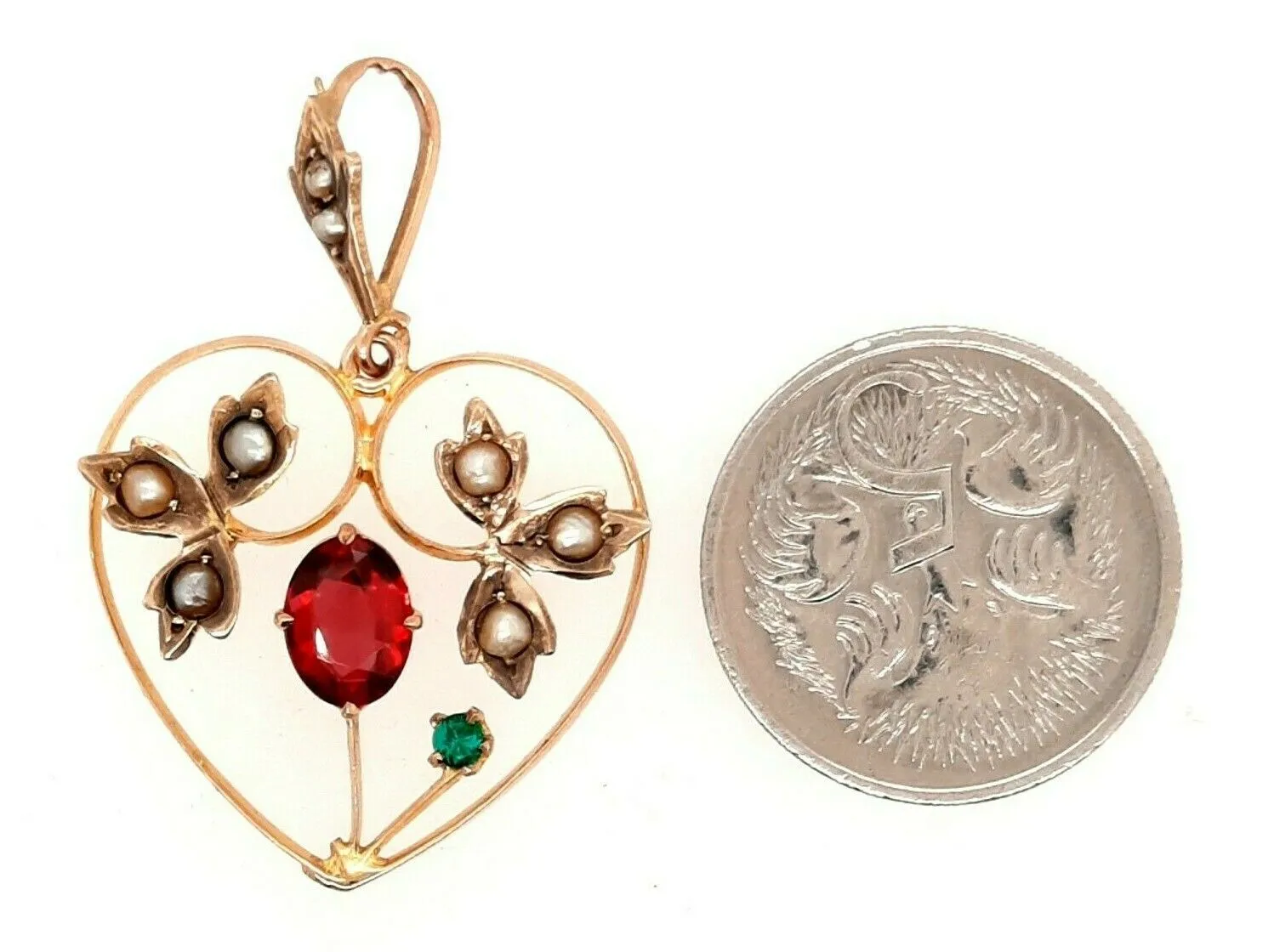 Vintage 9ct Yellow Gold Garnet, Paste & Pearl Heart Pendant Leaf Motif Centre