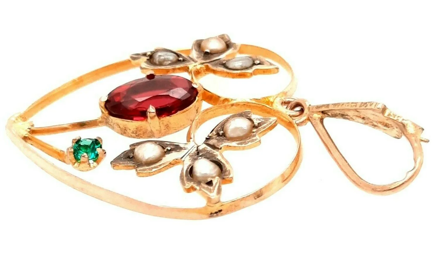 Vintage 9ct Yellow Gold Garnet, Paste & Pearl Heart Pendant Leaf Motif Centre