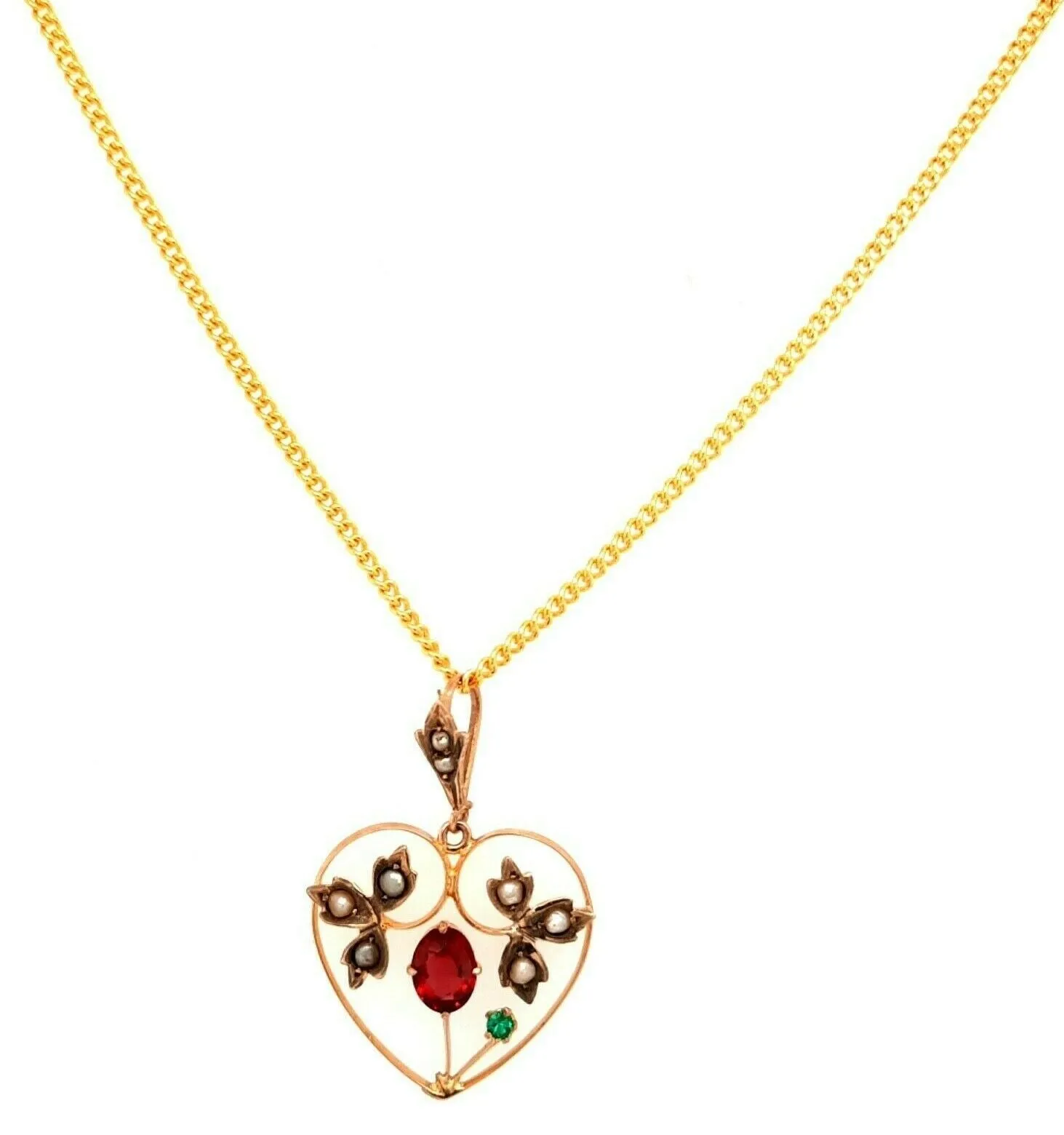Vintage 9ct Yellow Gold Garnet, Paste & Pearl Heart Pendant Leaf Motif Centre
