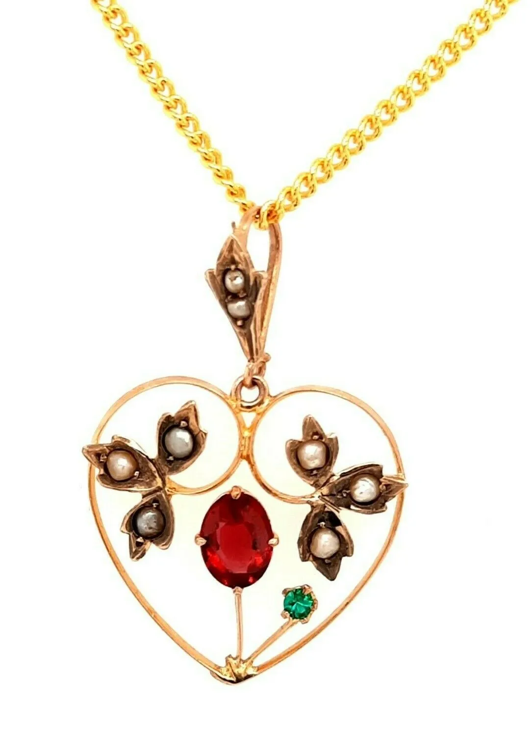 Vintage 9ct Yellow Gold Garnet, Paste & Pearl Heart Pendant Leaf Motif Centre