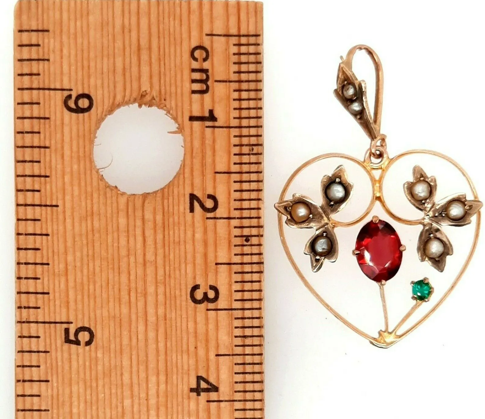 Vintage 9ct Yellow Gold Garnet, Paste & Pearl Heart Pendant Leaf Motif Centre
