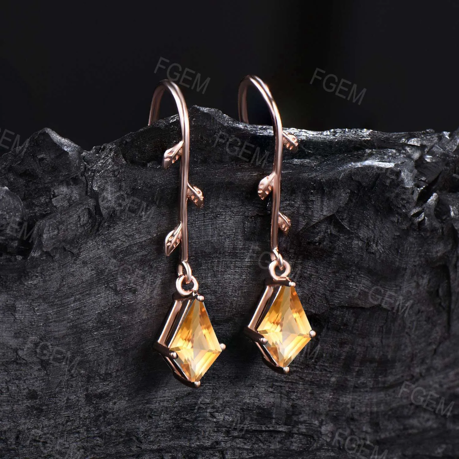 Vintage Kite Citrine Drop Earrings Rose Gold Leaf Earrings Nature Inspired Crystal Gemstone Earrings November Birthstone Jewelry Women Gifts