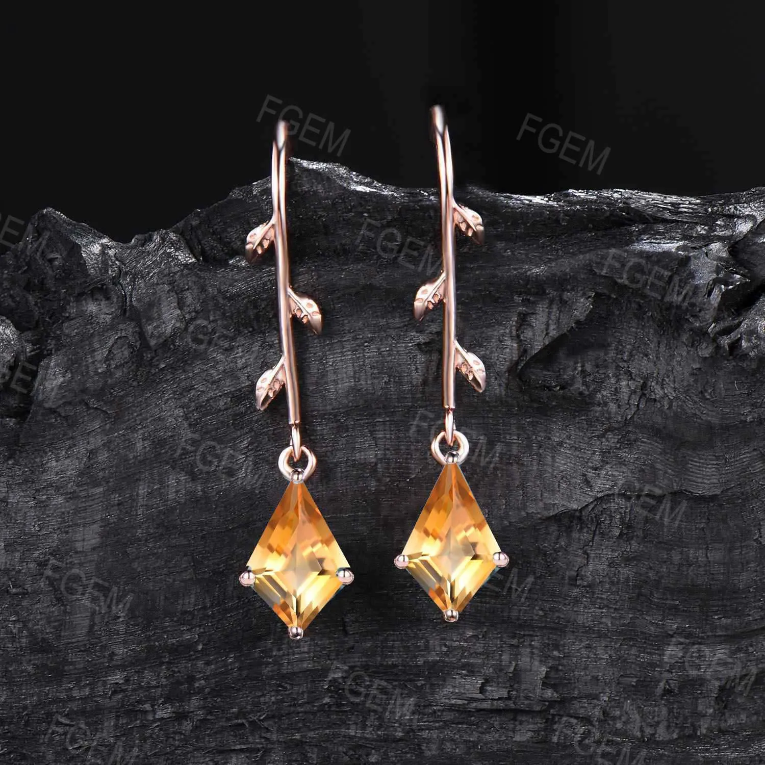 Vintage Kite Citrine Drop Earrings Rose Gold Leaf Earrings Nature Inspired Crystal Gemstone Earrings November Birthstone Jewelry Women Gifts