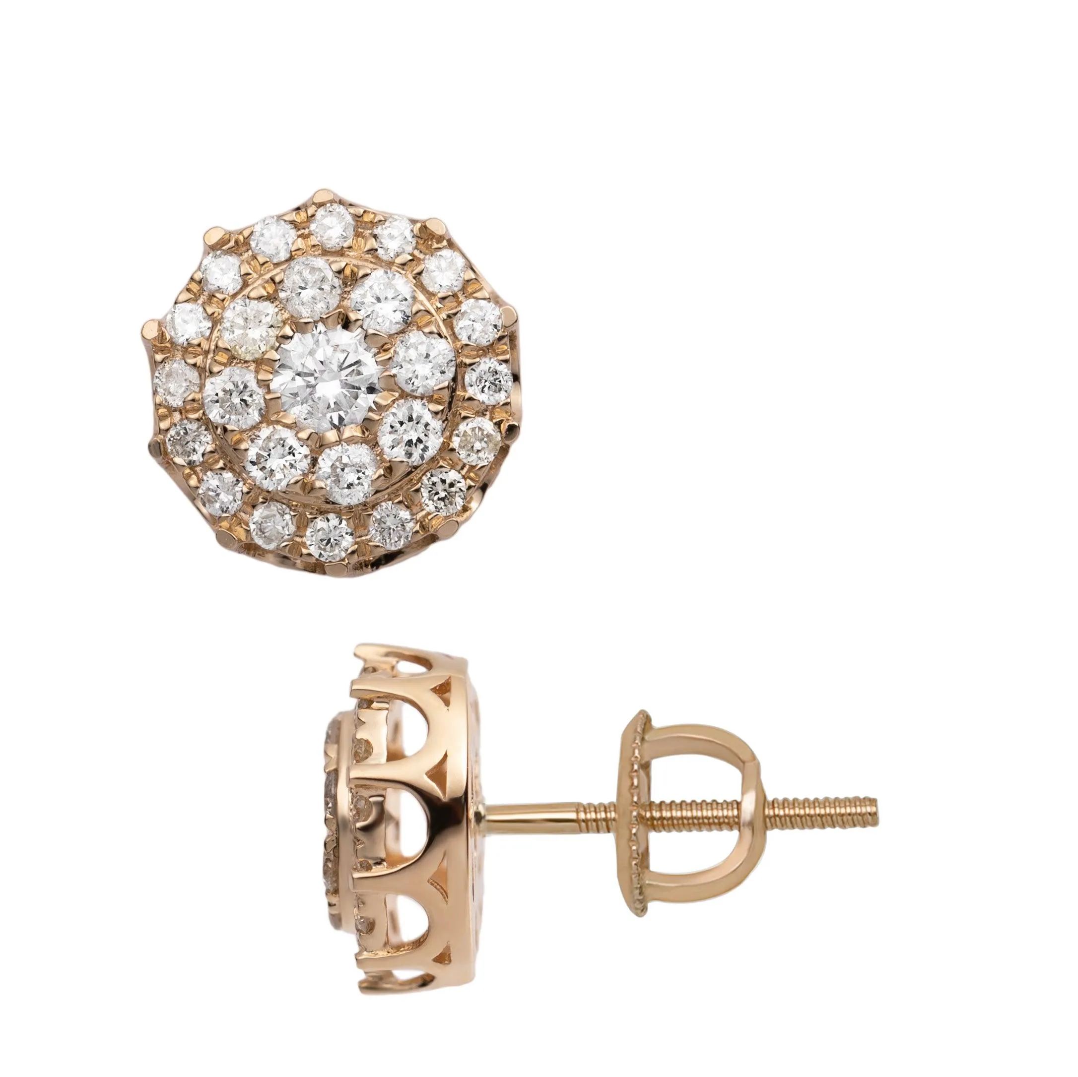 Women's Round Halo Cluster Diamond Stud Earrings 0.89ct 14K Yellow Gold